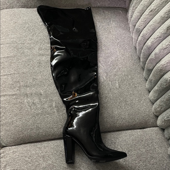 Black Patent Leather Knee-High Boots - Picture 2 of 4